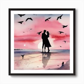 Couple Kissing At Sunset Art Print