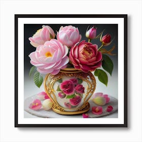 Antique fuchsia jar filled with purple roses, willow and camellia flowers 1 Art Print