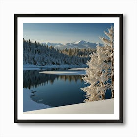 A Serene Winter Landscape With Snow Covered Trees, Frozen Lakes, And A Clear Blue Sky 1 Art Print