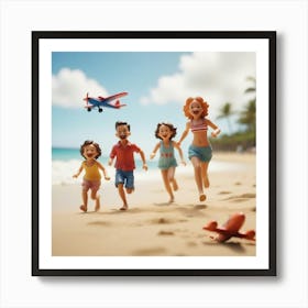 Hawaii Happy Family And Beach With Happy Children Running Toy Airplane And Freedom 2 Art Print