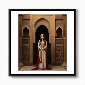 “Woman,” “Dress,” “Abaya,” “Stone Sculptures,” and “Aqueducts.”.. woman standing in a doorway, wearing a cream-colored dress with red trim and a matching red cape. She has long, dark hair and is wearing a gold necklace. The background features intricate stone carvings and archways. Art Print
