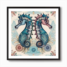 Seahorses In Floral Pattern Art Print