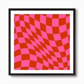 Warped Checker Pink Red Square Art Print