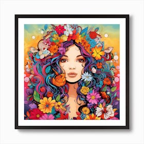 Maraclemente Hippie Woman Cartoonish Vibrant Colors Surrounded Art Print