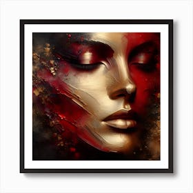 Portrait Of A Woman's Face - An Embossed Abstract Artwork In Blood Red and Golden Colors With Metal Effect. Art Print