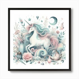 Unicorns And Flowers Art Print