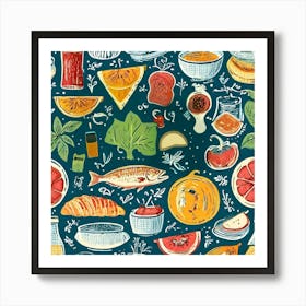 Seamless Pattern With Fruits And Vegetables, Foodie Traveler A Delicious Featuring Iconic Dishes From Different Countries 1 Art Print