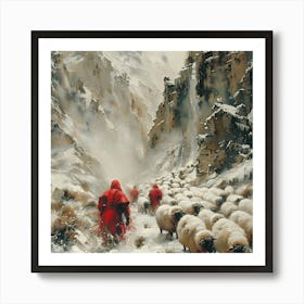 Shepherds In The Snow, In Warm Colors, Impressionism, Surrealism Art Print