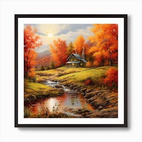 Autumn Cottage By The Stream Art Print