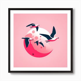 Seagulls Flying Over The Moon Art Print