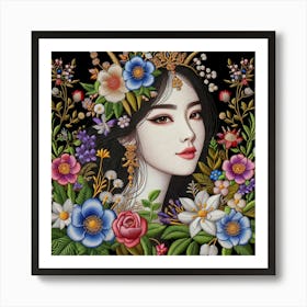 Chinese Woman With Flowers Art Print