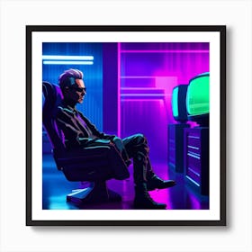 Cyberpunk Man Watching TV In The Future Art Print
