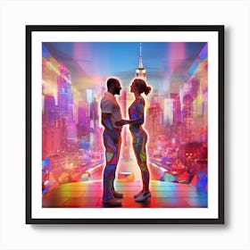 Night In New York City. City Love in Colorful Contrast: Magenta, Green and Two Hearts Intertwined Art Print