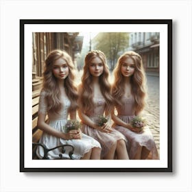 Three Dolls Sitting On A Bench Art Print