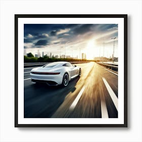 Automobile Driving Speed White Sport Road Fast Vehicle Car Motion Drive Style Photograph Art Print