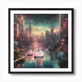 Hello Kitty Pink Car On The Road Art Print