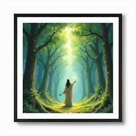 Druid Summoning Nature Spirits In An Ancient Forest, Watercolor Art 1 Art Print