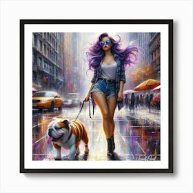 Girl Walking An English Bulldog Art Print