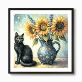 Black Cat With Sunflowers watercolor pestel painting Vase With Three Sunflowers With A Black Cat, Van Gogh Inspired Art Print Art Print