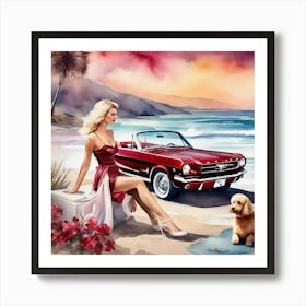 In A Nostalgic 1965 Mustang By Ocean Art Print