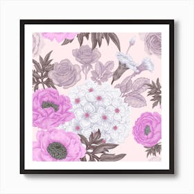Seamless Pattern With Flowers Roses Peonies Hydrangeas Carnations Art Print