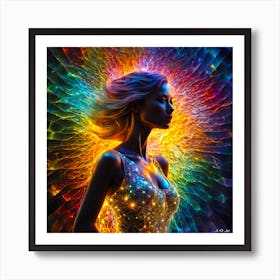 A Visually Stunning Abstract Illustration Of A Woman With Colorful Waves And A Neural Elements Dress Art Print