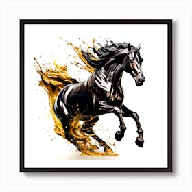 Black Horse With Gold Splash Art Print