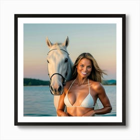 Man Cave Collection: Beautiful Woman In Bikini With Horse Art Print