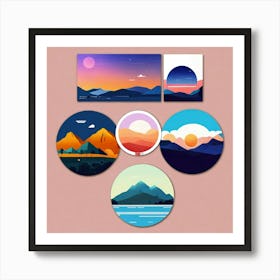 4 Badges Lo Fi Landscape With Minimalist Design (4) Art Print