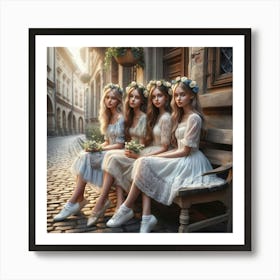 Three Girls Sitting On A Bench 3 Art Print