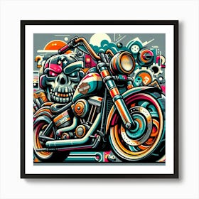 Harley Davidson Skull Motorcycle Vehicle Colorful Comic Graffiti Style - 3 Art Print