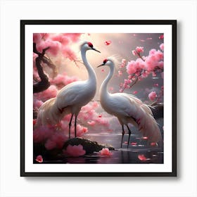 Two Cranes In Cherry Blossoms 2 Art Print