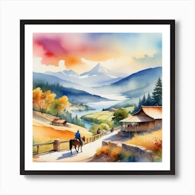 Watercolor Of Mountain Landscape Art Print