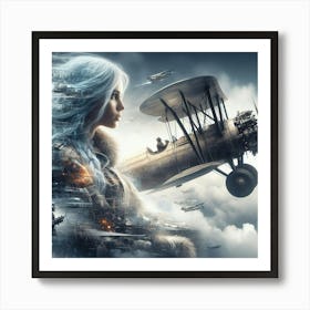 Girl With Blue Hair And An Airplane Art Print