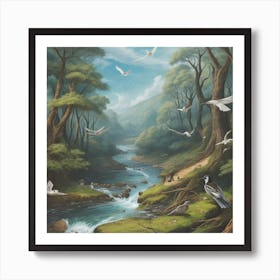 Doves In The Forest Art Print