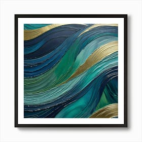 Blue And Gold Waves Art Print