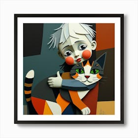 a child with geometric features hugging a stylized cat 1 Art Print