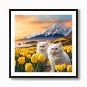 Two Cats In Yellow Tulips Art Print