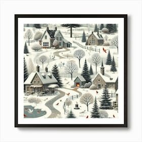 Winter Village With Ponds And Snowy Trees Art Print