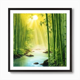 A Stream In A Bamboo Forest At Sun Rise Square Composition 2 Art Print