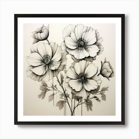 Black And White Drawing Of Flowers Art Print