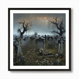 A Serene And Somber Field Of Weathered White Gravestones Overgrown With Long Swaying Grasses Art Print