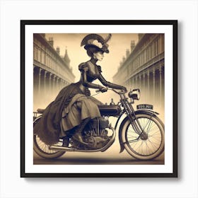 Motorbike Girl From A Bygone Era 2/4 (victorian black and white sepia woman female lady cycle wheels exciting) Art Print