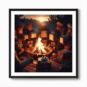 Christmas Party Around The Campfire Art Print