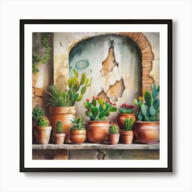 Watercolor painting of an old, weathered wall with cracked stone and peeling paint. The background features various sizes and shapes of terracotta pots on the shelf below. Each pot is filled with vibrant cacti or succulents, Art Print