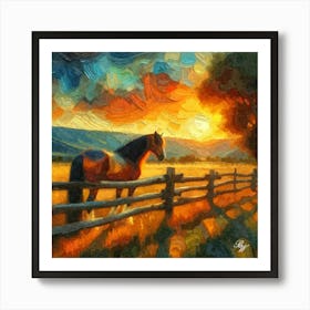 Western Horse At Sunset 5 Oil Texture Art Print