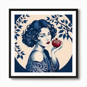 Woman With Pomegranate, Blue, Maroon and Light Beige Art Print