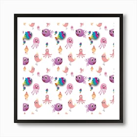 Fish Squid Bird Jellyfish Chicken Art Print