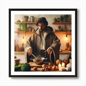 Young mage cooking a meal in a modern kitchen 1 Art Print