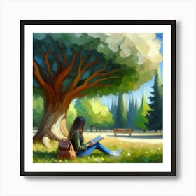 Girl Reading Under The Tree, Acrylic Painting Style Art Print